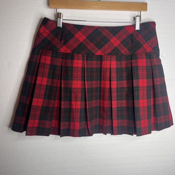 Chouyatou Red Green Tartan Plaid Wool Blend Pleated Skirt size large - Picture 3 of 7